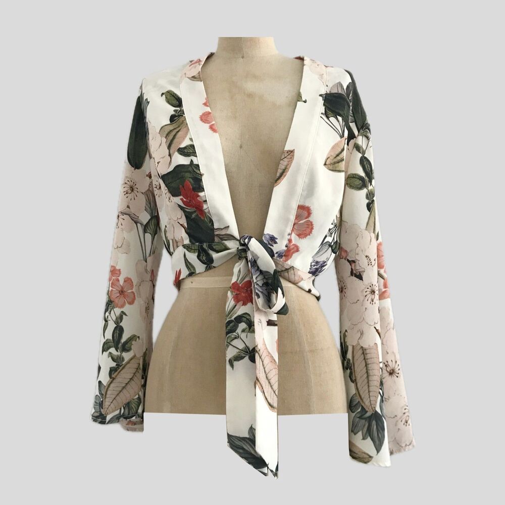 Show Me Your Mumu Size S White Pink Floral Cropped Tie Front Festival Boho Top